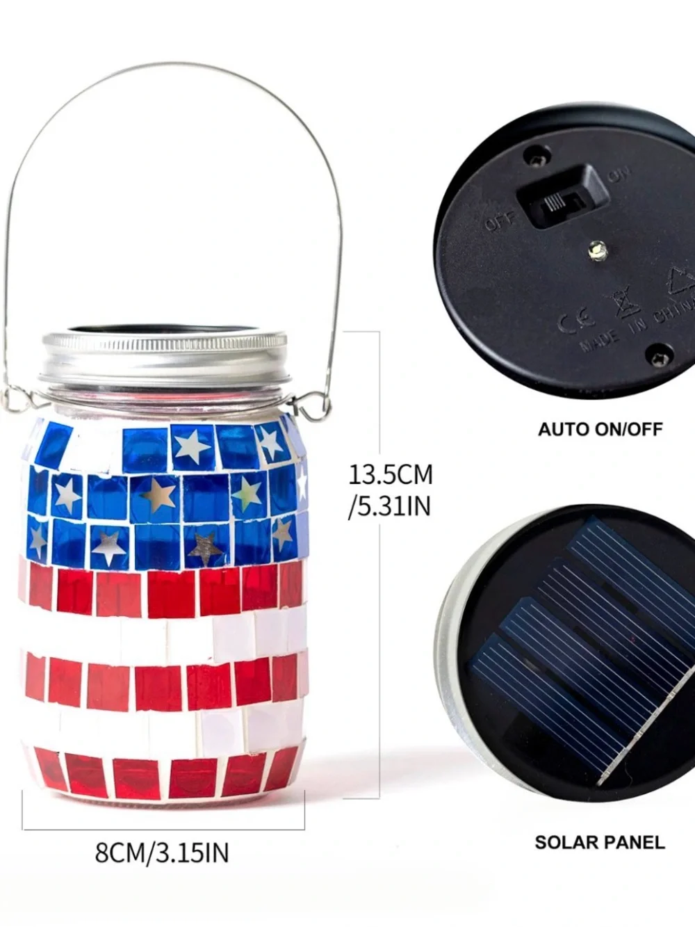 Solar Power Patriotic Mosaic Mason Jar Lantern